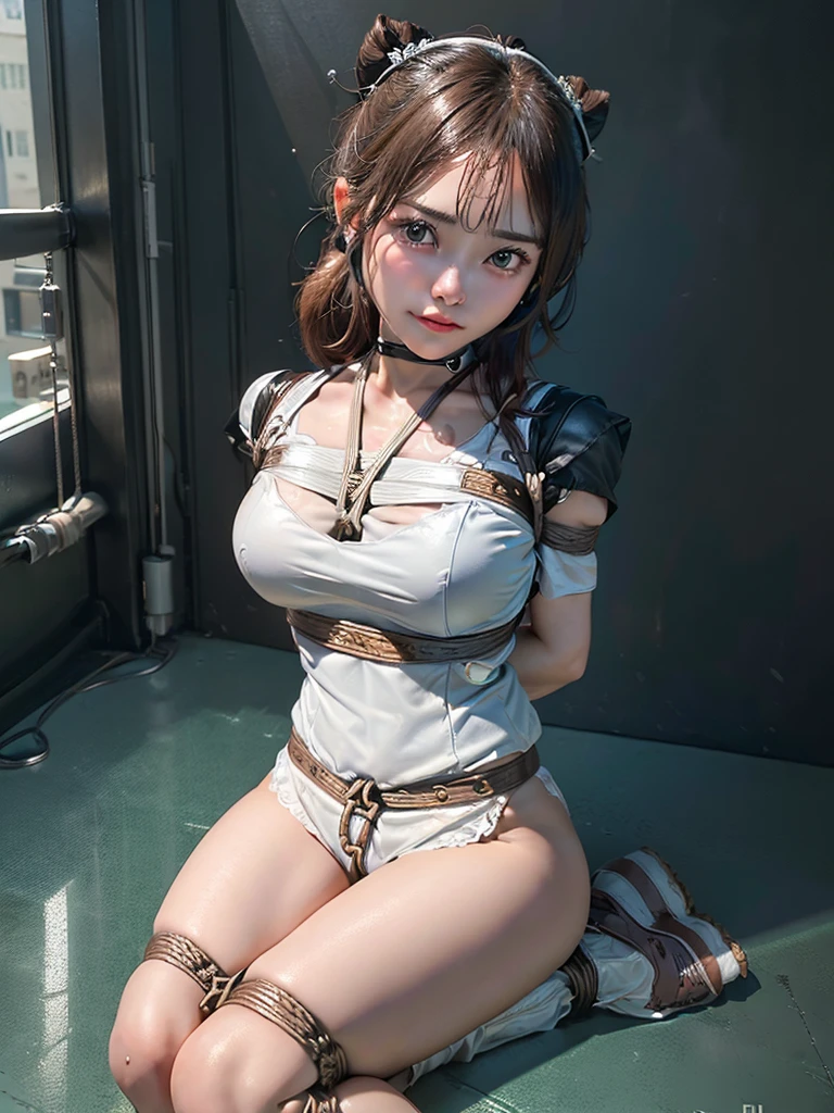 top quality, masterpiece, (original photo, professional photography, photorealistic, realistic:1.3), extremely detailed CG 16K unity wallpaper, (best aesthetic, natural light:1.1), ultra high res, (correct anatomy:1.5), ((highly detailed skin texture:1.1)), ((from front view:1.3)), pov, 1 girl, Japanese woman, solo, looking at viewer, cowboy shot, (medical staff:1.4), (Dancer 1.3), (24 years old:1.1), (looks younger than real age:1.3), brown hair, (SINGLE hair bun:1.5), fairly detailed skin, dark eyes, ((narrow eyes:1.4)), finely detailed nose, beautiful lips, (embarrassed:1.3), ((white scrub, short sleeves:1.5)), ((petit, slender:1.4)), ((beautiful breast:1.2)), (((arms behind back, restrained, shibari, rope bondage:1.5))), (((sitting on the floor:1.4))), (((indoor, midnight, dark room, empty operation room:1.2)))
