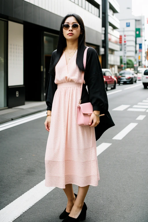 Woman white skin very long straight black hair ,   with pink Mexican dress sunglasses in Tokyo