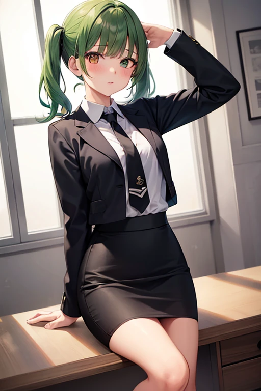1girl, solo, medium hair, looking at viewer, bangs, skirt, shirt, brown eyes, long sleeves, twintails, standing, jacket, white shirt, green hair, necktie, collared shirt, indoors, black skirt, uniform, black jacket, window, low twintails, heterochromia, chair, crossed arms, plant, black necktie, desk, pencil skirt