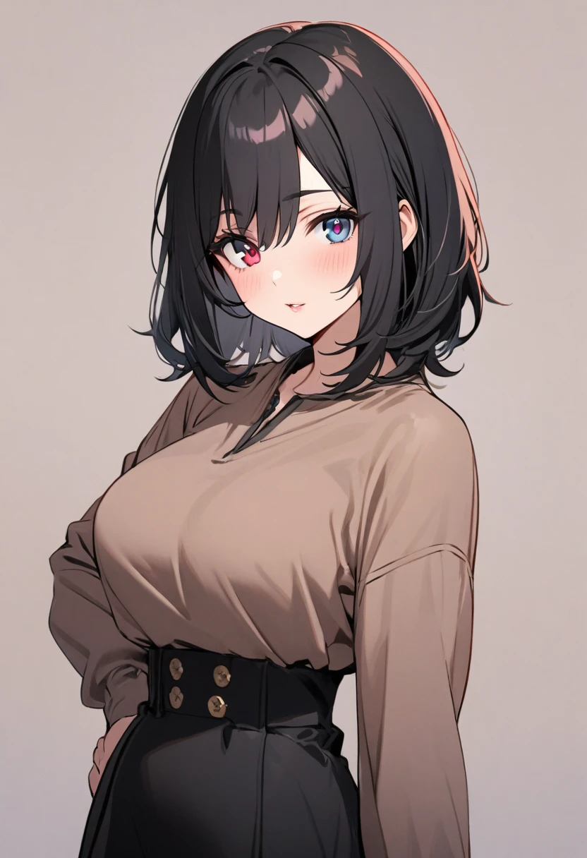 girl, black hair, medium hair, two colors eyes, one blue eye, one red eye, mature, beautiful, cute