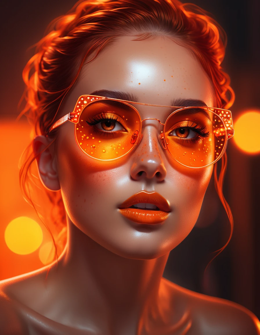 A full head image of a woman adorned with freckles and a glass shades, featuring beautiful digital artwork with red glowing skin, realistic digital art in 4K, seductive glowing sleepy orange eyes, and an 8K resolution. This stunning digital illustration showcases a glossy digital painting technique, a face aglow with an orange hue, complemented by an Artgerm bokeh effect, and a radiant red and orange glow.