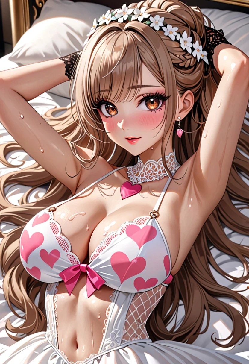 (((Highest quality, Ultra-high resolution、The most complex and detailed depiction)))、((masterpiece:1.3)), (8k, RAW Photos, Best image quality: 1.4), Very detailedな顔、Attention to detail、(Beautiful woman:1.4),(Realistic:1.4) (8k, RAW Photos:1.1), (photo-Realistic:1.2), Very detailed, Beautiful attention to detail, (girl:1.3)、(((Bride in prom dress)))、((Embarrassing、He looks at me with a sad expression))、Ecstatic expression,(blush)、Dark eyeliner、Eyelash length、False eyelashes、double eyelid、((Brown eyes))、Light fluorescent lip gloss, ((hostess:1.2)),(((pink heart print bikini、Red and white big heart pattern),(Pink tea bags)、(White wreath on head、Wedding Veil、Maria Bale))、Pink heart choker around the neck),(((open wedding dress)))、(((White Mesh Opera Gloves))),(Huge breasts:1.6),、(Cleavage:1.2)、(((Light brown hair、Braided hair、((Gather your hair at the back of your head,Put your hair up)))))、(Gal-style makeup、Dark eyeliner、Black eyeliner、Heavy eye makeup、Eyelash length、False eyelashes、Eyelash length:1.4)、(Big eyes、Big black eyes、Big eyes)、elongated nose、Heavy makeup、Face with gills、Spread your legsこちらに向ける、(((whole body)))、Spread your legs座る、Spread your legs、sexy、Glamorous Body、(Saggy breasts、Large saggy breasts)、((Sweat、Your body is wet))、(((Lie on your back in a luxurious bed)),(Put your hands behind your head)