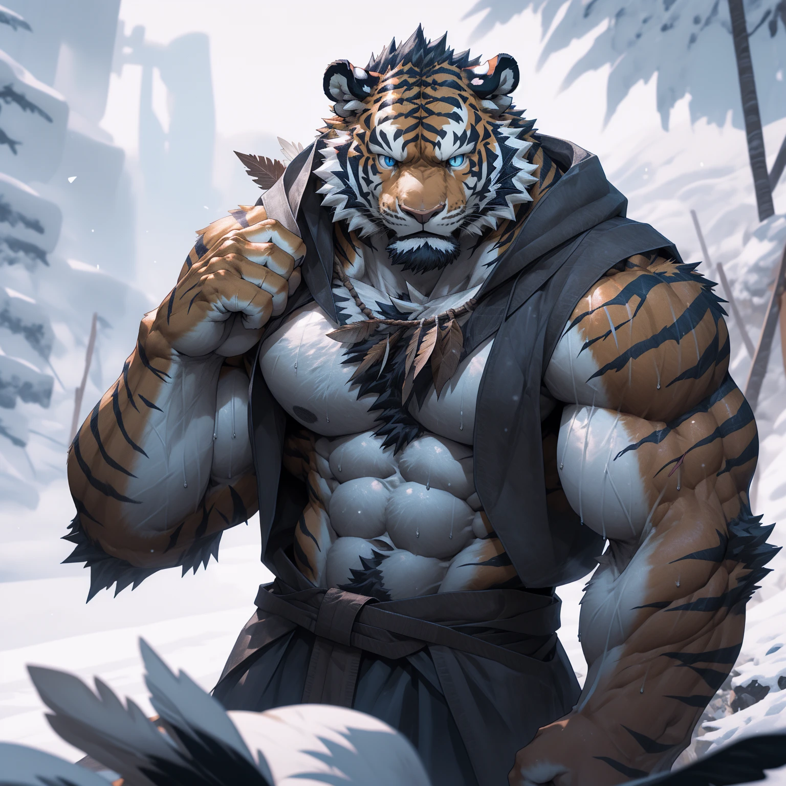 sweaty muscular torso naked snowy swan feathers snowy village furry anthropomorphic chest hair serious face（Scars on the face） Mature （blue eyes）Huge muscle ripped abs wild，Tiger of tribal ambition