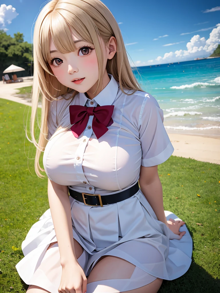 master piece,detailed,(((best quality))), ((****)),((cute)),(((1girl))),blond hair,(((big breasts))),outdoor,night,(school uniform),beach,orgasm,standing