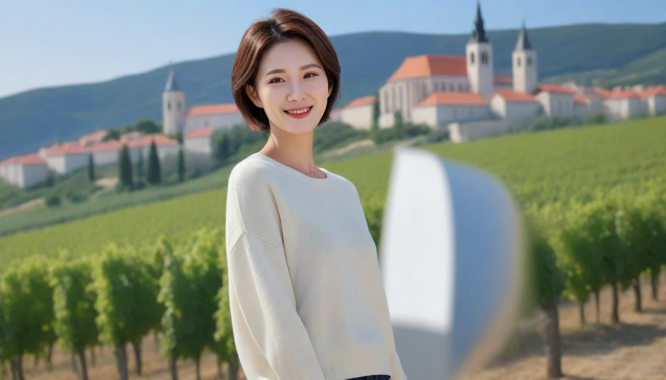 8k best picture quality, Beautiful 36-year-old Korean woman, Chest size 34 inches, View of the cathedral next to vineyards in the Croatian countryside, The back background is realistic and vivid image quality, short medium hair, Wearing a high-end luxury brand casual jumper and pants., Smile slightly. the background is clear