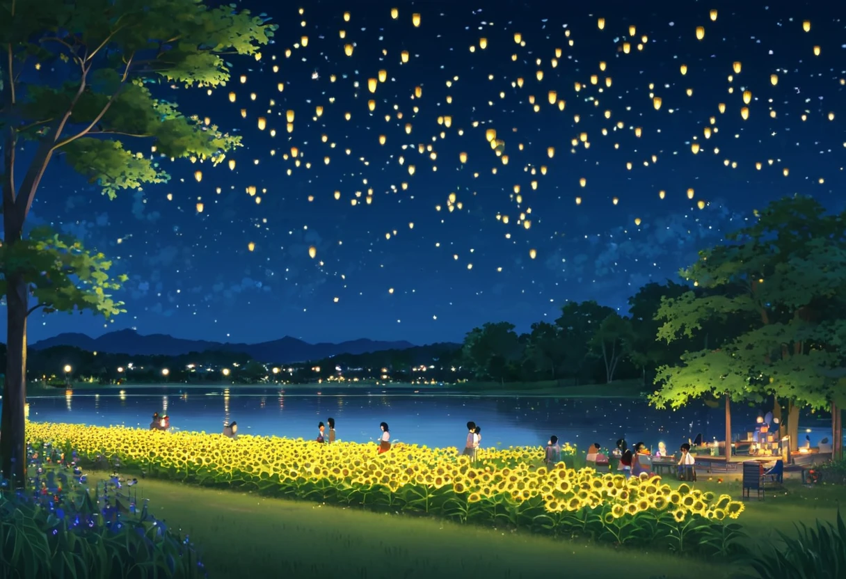 Summer night starry night sky tranquil lake fireflies flying warm moonlight festival lanterns fireworks trees々Landscape surrounded by trees Beach at night Summer grassland Willows swaying in the night breeze People々Campfire with people gathering at night Garden street night view Summer flowers(for example、Sunflowers and morning glories)