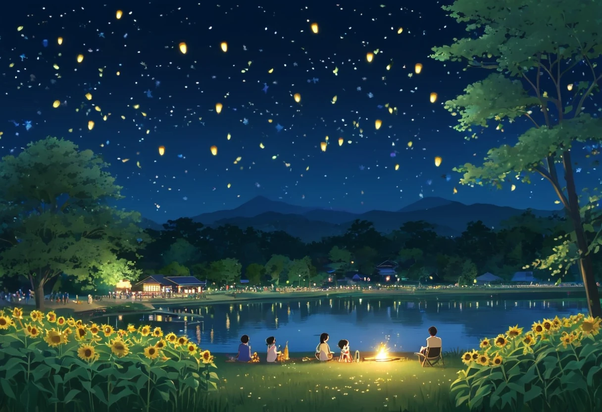 Summer night starry night sky tranquil lake fireflies flying warm moonlight festival lanterns fireworks trees々Landscape surrounded by trees Beach at night Summer grassland Willows swaying in the night breeze People々Campfire with people gathering at night Garden street night view Summer flowers(for example、Sunflowers and morning glories)