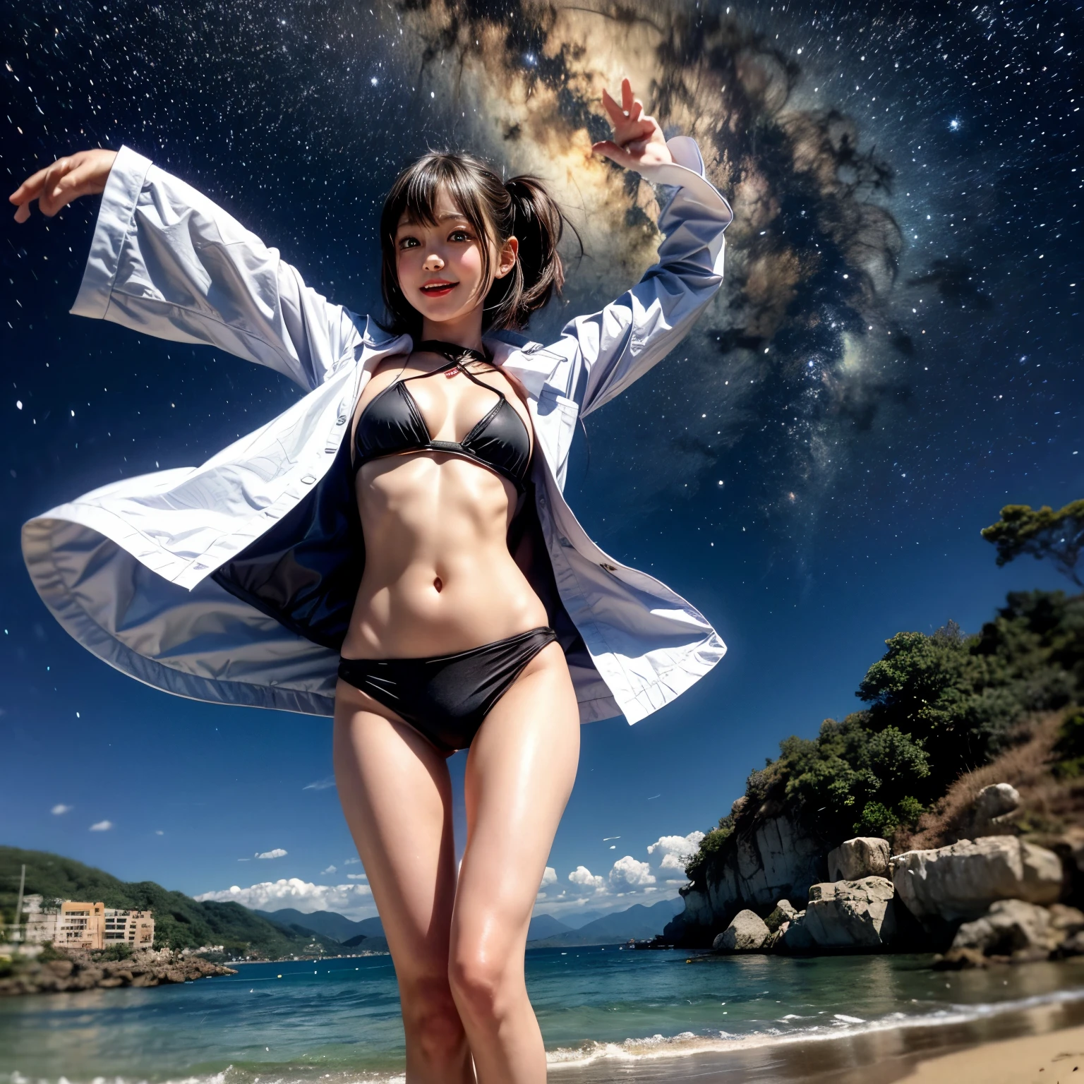 Masterpiece of ProfessionalPhoto ((ExtremelyDetailed (12 PICHIPICHI KAWAII Girls Floating in The Air in a row:1.37) in WHITE at Dusk Enoshima Beach)), {(Standing Full Body:1.2)|(from below:1.2)|Detailed KAWAII face}, Different types of hair colors, {(skinny(school swimwear))|(SchoolUniform)with Tiny AthleticShorts}, {(Corrected Childish hand)|Hidden hand|Different types of breasts|(Clearly Visible the shape of Butt)}, Joyful Expressions LifeLike Rendering, Detailed clothing texture, PerfectLighting, (Dazzling Horizon Visible through ThighGap), (Starry IridescentParticles:1.22) ColorfulClouds
