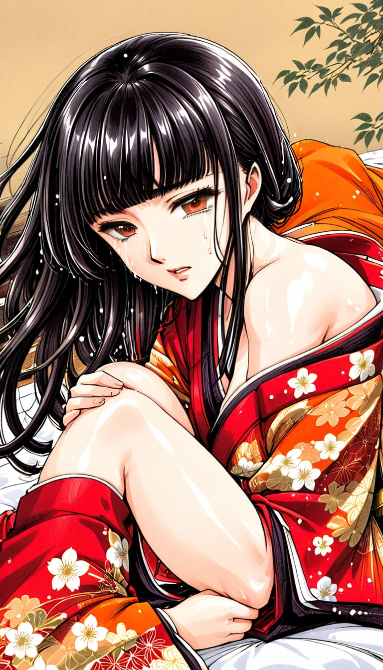 Close-up of a woman with black straight hime cut hair wearing a red and orange dress, Red kimono with flower patterns, From the Sengoku period, Long and beautiful kimono, Flowing hair and long, super shiny robes, Red kimono, Japanese Kimono, Wearing Imperial Kimono, Wearing kimono and armor, In kimono, Safety, kimono, Hakama kimono, Inspired by Fujiwara Takanobu, pale and colouRed kimono　She is laid down on the futon, exposing her nipples, writhing and crying.　She has sex