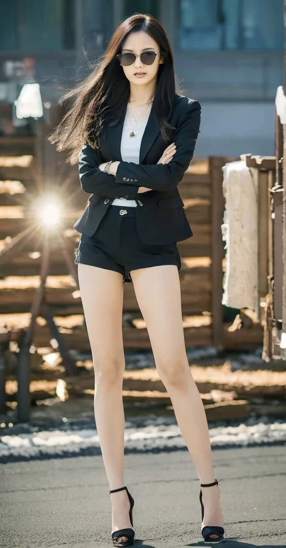 Japanese woman, long black hair, black sunglasses, 黒いスーツ, micro shorts, bare legs, beautiful legs, tall, black stiletto heels, arms crossed, heavy snow, snowstorm, strong wind, hair messed up by wind