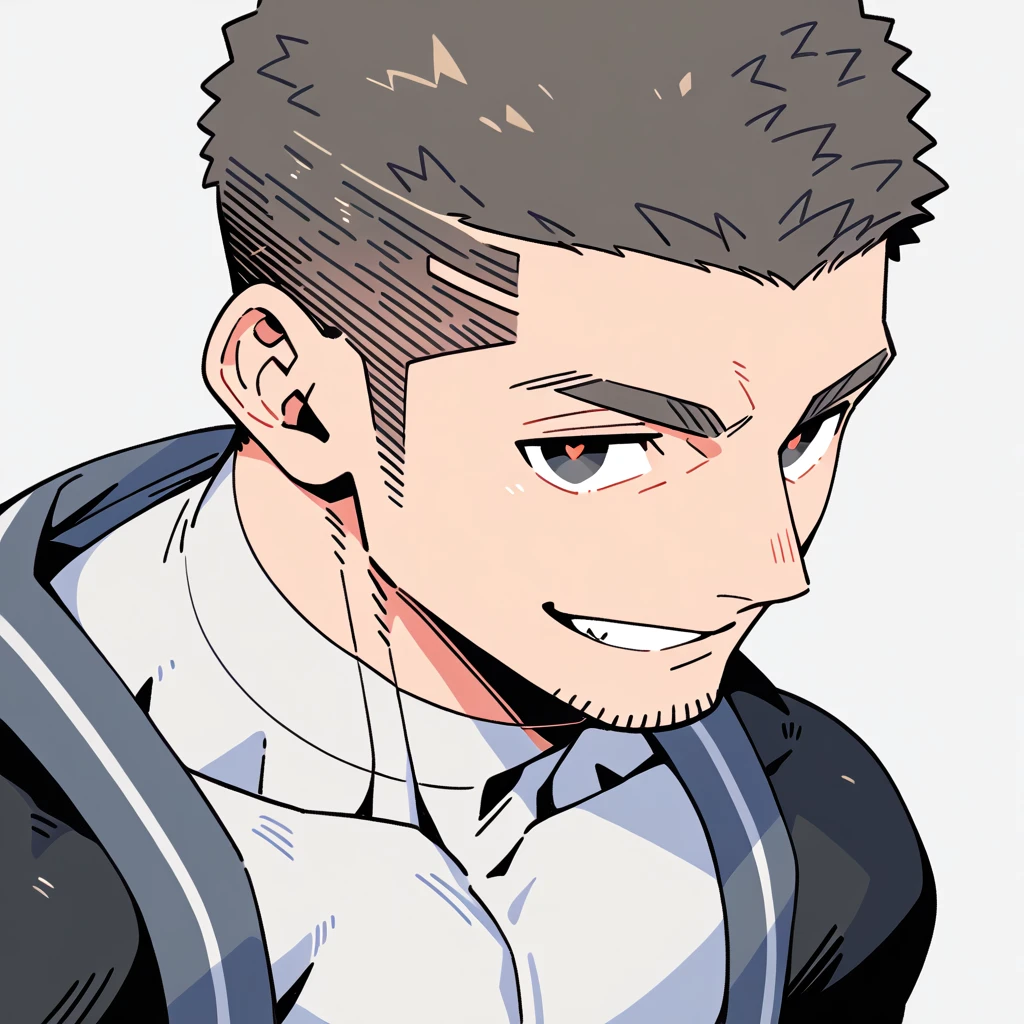 anime characters：Priapus, Dark Black Skin Muscle Sports Student, Buzz Cut, Manliness, male focus, Sports tight hooded sweatshirt, Wear a high-necked tights underneath, Very tight, full and perky chest muscles, muscular male, muscular, only, Upper body, alone, Red short hair, Thick eyebrows, stubble, Brown-red pupils, White background, simple background, amazing quality, best aesthetics, Ridiculous, crew cut, smirk, bright pupils, grin, negative space, negative space, best quality