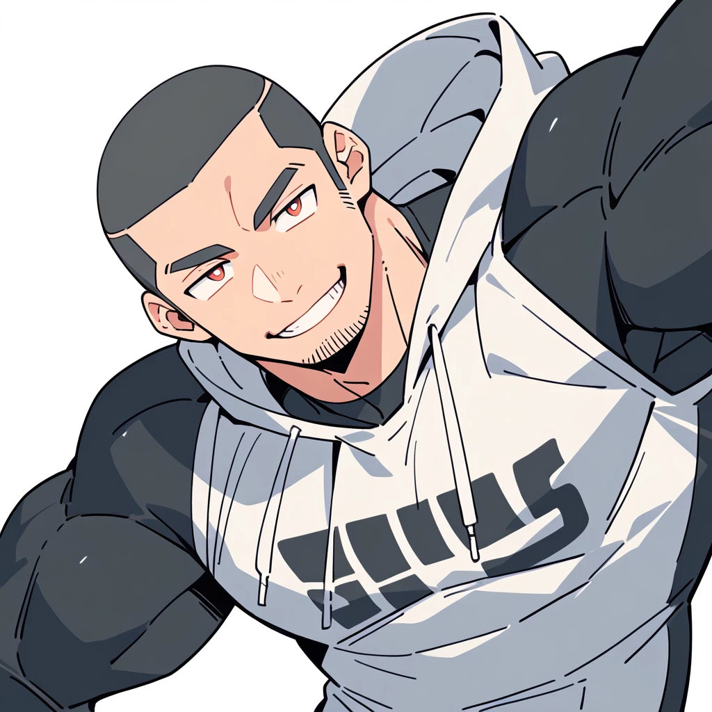 anime characters：Priapus, Dark Black Skin Muscle Sports Student, Buzz Cut, Manliness, male focus, Sports tight hooded sweatshirt, Wear a high-necked tights underneath, Very tight, full and perky chest muscles, muscular male, muscular, only, Upper body, alone, Red short hair, Thick eyebrows, stubble, Brown-red pupils, White background, simple background, amazing quality, best aesthetics, Ridiculous, crew cut, smirk, bright pupils, grin, negative space, negative space, best quality