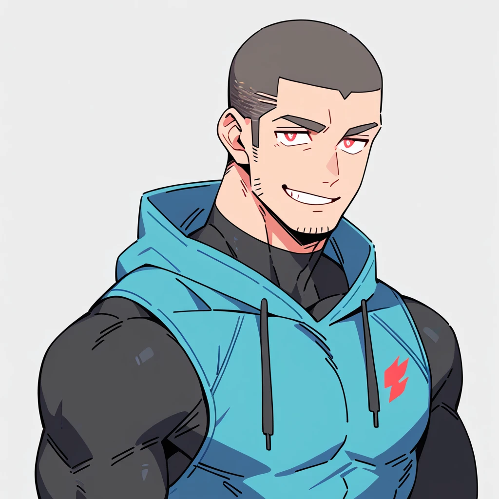 anime characters:Priapus, Dark Black Skin Muscle Sports Student, Buzz Cut, Manliness, male focus, Sports tight hooded sweatshirt, Wear a high-necked tights underneath, Very tight, full and perky chest muscles, muscular male, muscular, only, Upper body, alone, Red short hair, Thick eyebrows, stubble, Brown-red pupils, White background, simple background, amazing quality, best aesthetics, Ridiculous, crew cut, smirk, bright pupils, grin, negative space, negative space, best quality