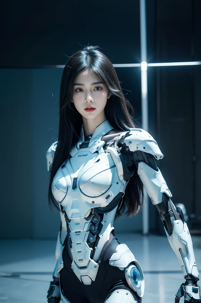 best quality, 1080P, Masterpiece, Whole body photo, Ultra high resolution, photorealistic photo, ultra realism, Realistic skin texture, Blue Hair, Extreme skin detail, dslr, Detailed eyes, Facing the camera, Very beautiful face, Firm facial structure, Pale skin, Realistic skin texture, Extreme skin detail, oc render reflection textures, Realistic light and shadow, One picture, alone, The body is slender and balanced.., Age 20, Height 170, สาวbare, bare, no underwear, A girl with the body of a mechanical robot.., Transparent futuristic black glass mech armor., Transparent light blue armor, The mechanical cervix is stuck in the neck.., Flat stomach, Woman with perfect mechanical arms and legs, full body view, Whole body photo,