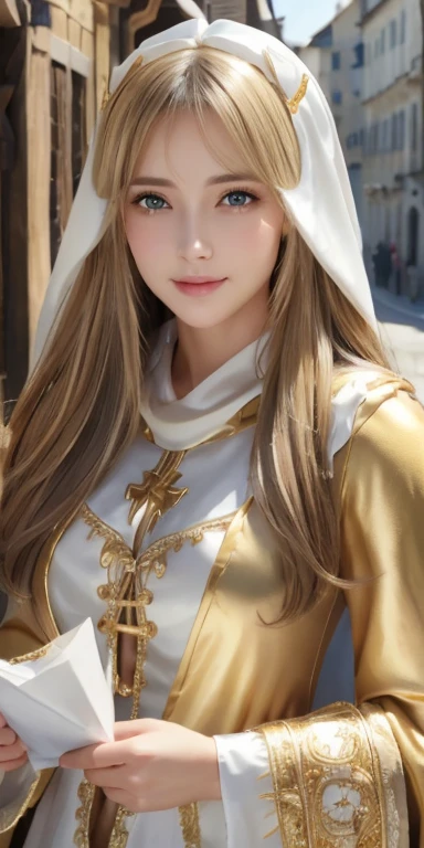Realistic、Highest quality、Highest quality、masterpiece、Ultra-high resolution、RAW Photos、Realistic、Bright lighting、Face Light、Smooth Professional Lighting、Looking into the camera、alone、Adult female、Beautiful woman、Super Beauty、Realistic肌、Moisturized Skin、Realistic eyes and faces、Perfect model body shape、Beautiful Eyes、Big eyes、Inconspicuous tear bags、slim、Medium size big、Beautiful fingers、Long Hair、Blonde、black eye、looks happy、Cowboy Shot、(Both ears are covered by hair)、(((White and Gold Witch Costume)))、Fantasy World、Medieval European streets