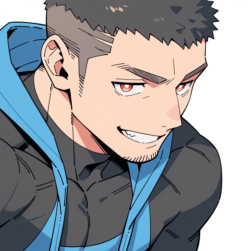 anime characters:Priapus, Dark Black Skin Muscle Sports Student, Buzz Cut, Manliness, male focus, Sports tight hooded sweatshirt, Wear a high-necked tights underneath, Very tight, full and perky chest muscles, muscular male, muscular, only, Upper body, alone, Red short hair, Thick eyebrows, stubble, Brown-red pupils, White background, simple background, amazing quality, best aesthetics, Ridiculous, crew cut, smirk, bright pupils, grin, negative space, negative space, best quality