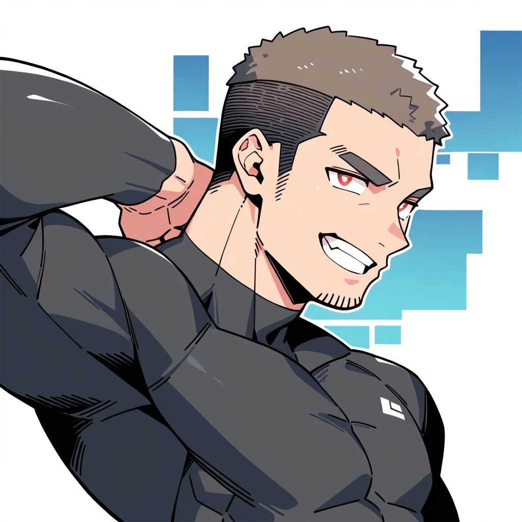 anime characters:Priapus, Dark Black Skin Muscle Sports Student, Buzz Cut, Manliness, male focus, Sports tight hooded sweatshirt, Wear a high-necked tights underneath, Very tight, full and perky chest muscles, muscular male, muscular, only, Upper body, alone, Red short hair, Thick eyebrows, stubble, Brown-red pupils, White background, simple background, amazing quality, best aesthetics, Ridiculous, crew cut, smirk, bright pupils, grin, negative space, negative space, best quality