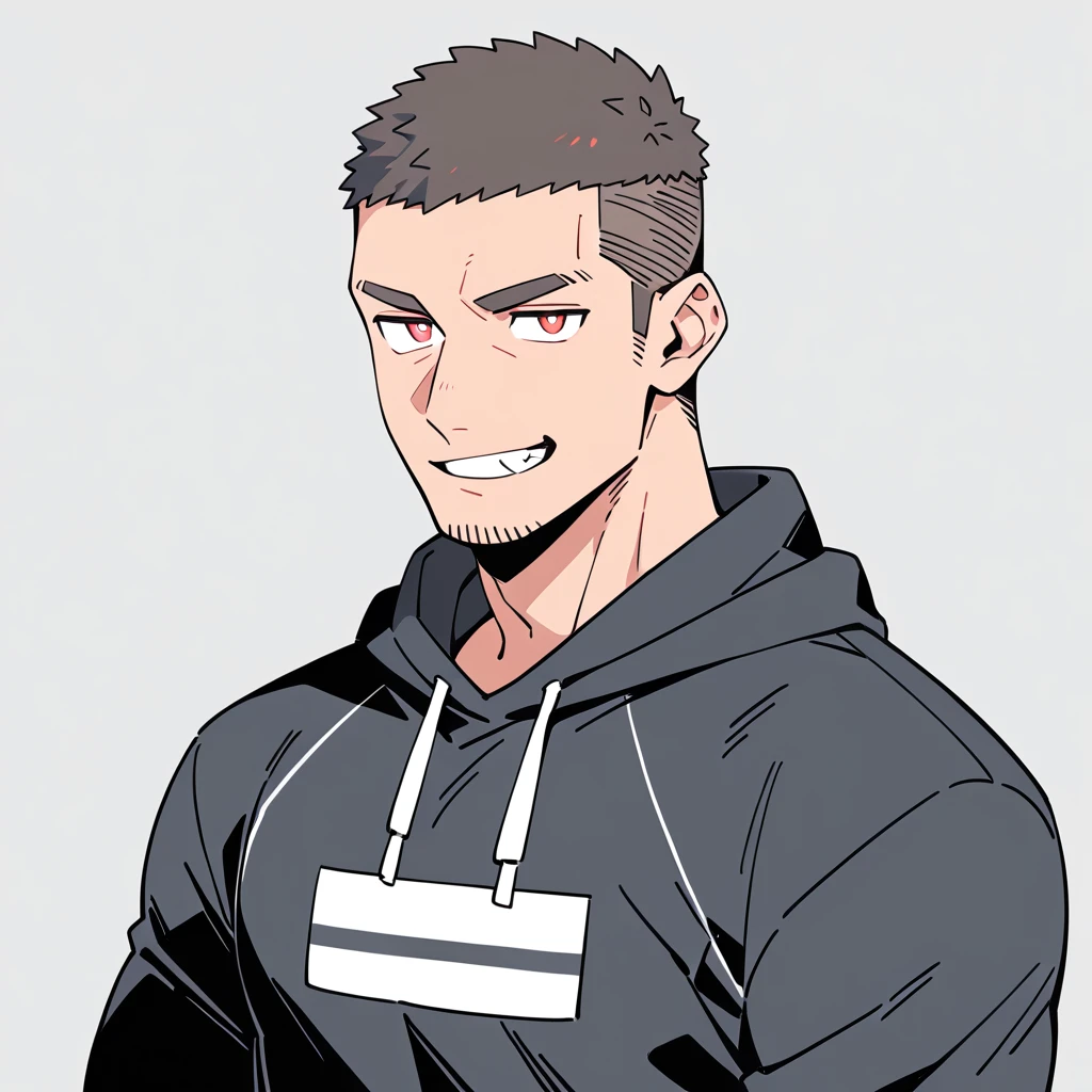 anime characters：Priapus, Dark Black Skin Muscle Sports Student, Buzz Cut, Manliness, male focus, Sports tight hooded sweatshirt, Wear a high-necked tights underneath, Very tight, full and perky chest muscles, muscular male, muscular, only, Upper body, alone, Red short hair, Thick eyebrows, stubble, Brown-red pupils, White background, simple background, amazing quality, best aesthetics, Ridiculous, crew cut, smirk, bright pupils, grin, negative space, negative space, best quality