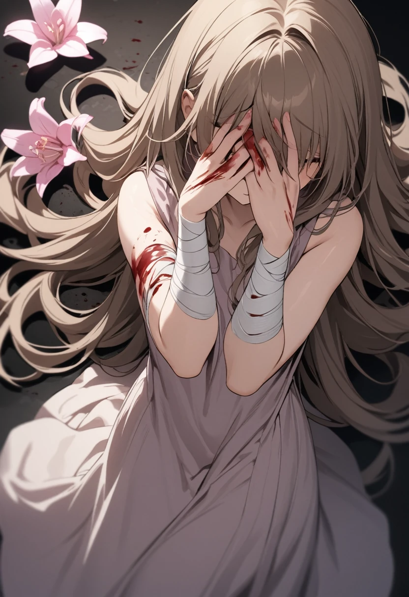 ((Best quality, masterpiece, blood on hands, bandaged arms)), from above, young woman with very long brown with white strands, long bangs that curl, brown eyes, hands over eyes, eyes closed, sad, glass shattering effect, black wall covered in blood, purple and pink Lilly flowers, depth of field, baggy oversized linen dress, small breasts, toned arms,