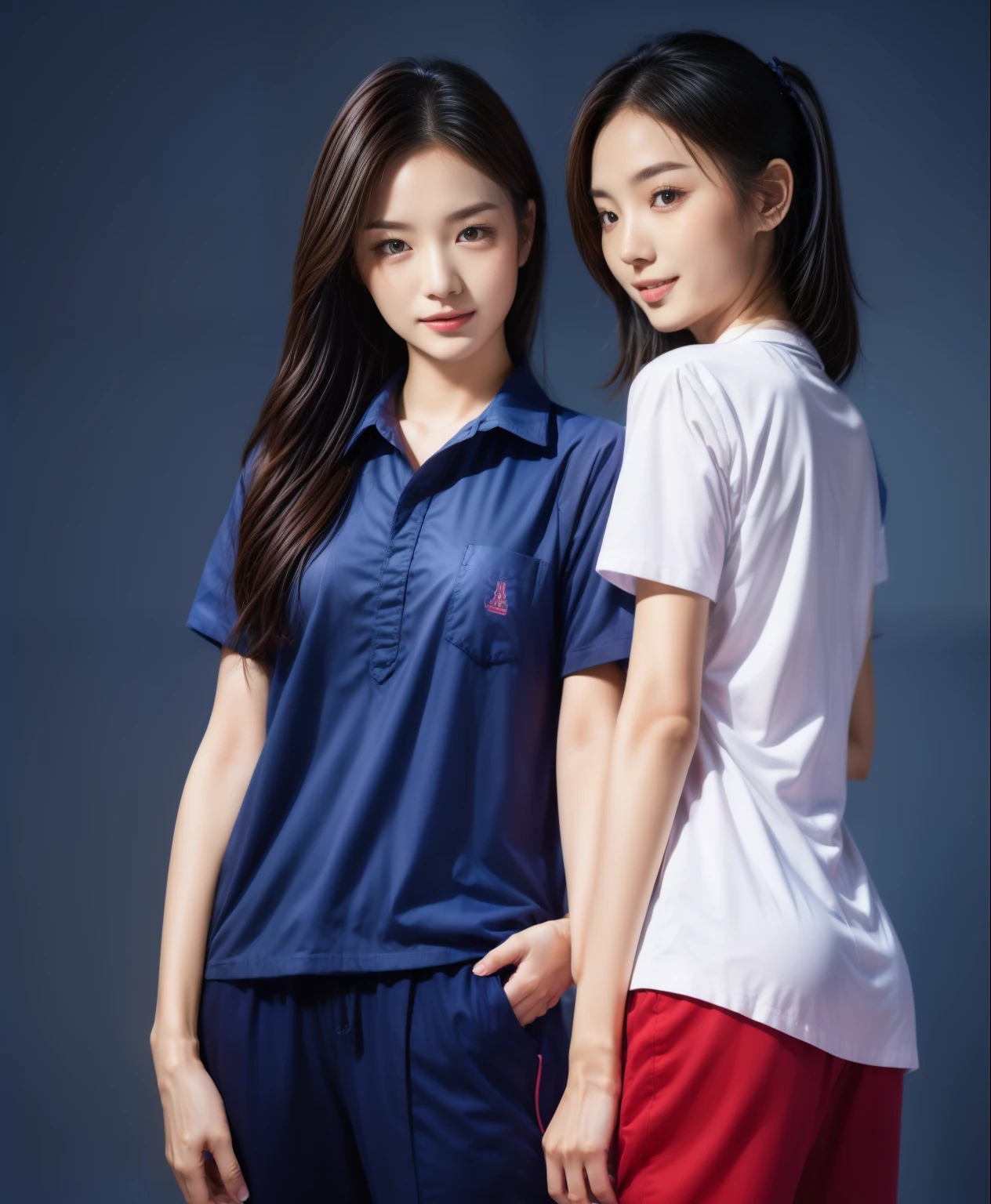 (best quality,10,10,height,Masterpiece:1.2),Special details,(realistic,ภาพrealistic,Realistic photos:1.37),1 Cute girl in the kitchen,shiny, ผิวshiny,only,smile softly,BDclothelue shirt:1.3)),short sleeve,shirt, กางเกงขาlong.,(navy_long_track pants:1.1), ((Kitchen Background)),Dynamic angle,excited,Face focus,dynamic poses,from behind,focus on ass,Masterpiece, best quality, ultra realistic, hyper detail, 8k resolution, raw photos, Sharp focus, ((Navy blue shirt:1.1)), short sleeve, เส้นทางlong, perfect body, 2 mature women, 18 years old, Cinema-grade lighting system,blue sweatpants,shirtผ้าออกกำลังกาย,correct anatomy,perfect body, correct body, Sharp face, correct bodyทางกายวิภาค, full body, realistic gestures, long-haired, realistic poses,Wear long shorts...........................,ช่วงขาlong,Good shape,carved girl, Slender figure, model, Good shape, beautiful body,blue sweatpants, two girls kissing