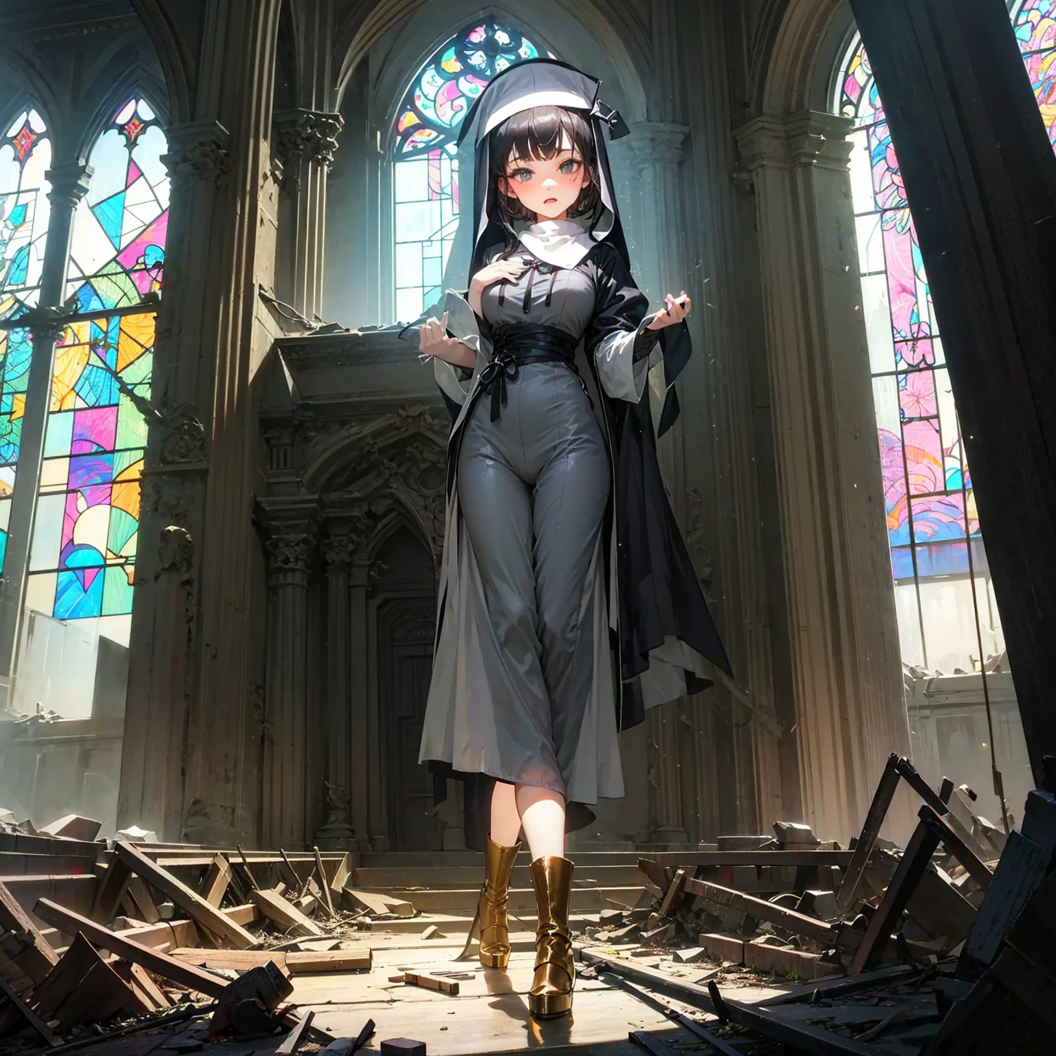 (solo), 1 skinny nun, (black sheer nun's robe), large breasts, stiletto heels, BREAK, black short hair, long sidelocks, black eyes, BREAK, short torso, skinny waist, skinny long legs, BREAK, old rotten church, devastated ruin, stained glass, BREAK, orgasm, coverd erectile nipples