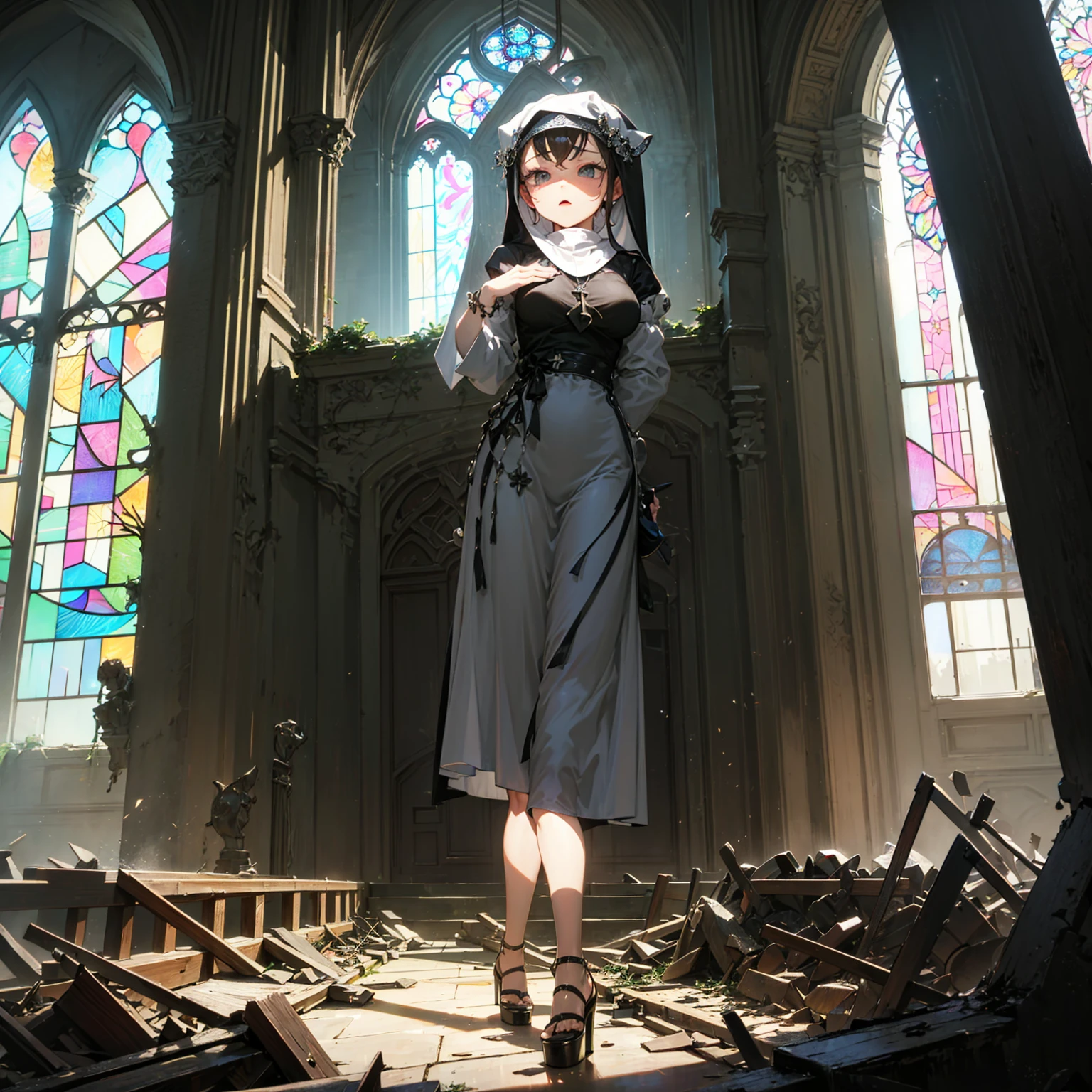 (solo), 1 skinny nun, (black sheer nun's robe), large breasts, stiletto heels, BREAK, black short hair, long sidelocks, black eyes, BREAK, short torso, skinny waist, skinny long legs, BREAK, old rotten church, devastated ruin, stained glass, BREAK, orgasm, coverd erectile nipples