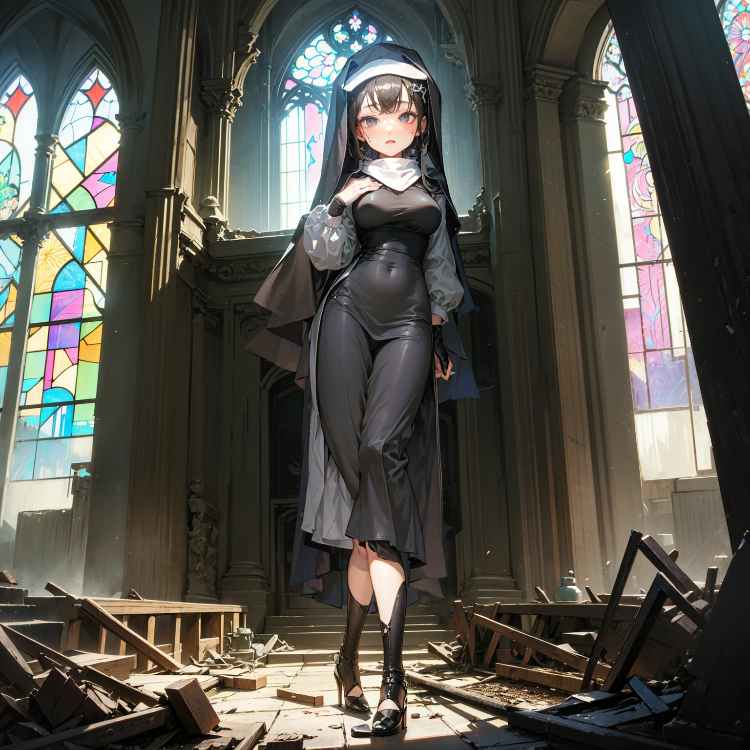 (solo), 1 skinny nun, (black sheer nun's robe), large breasts, stiletto heels, BREAK, black short hair, long sidelocks, black eyes, BREAK, short torso, skinny waist, skinny long legs, BREAK, old rotten church, devastated ruin, stained glass, BREAK, orgasm, coverd erectile nipples