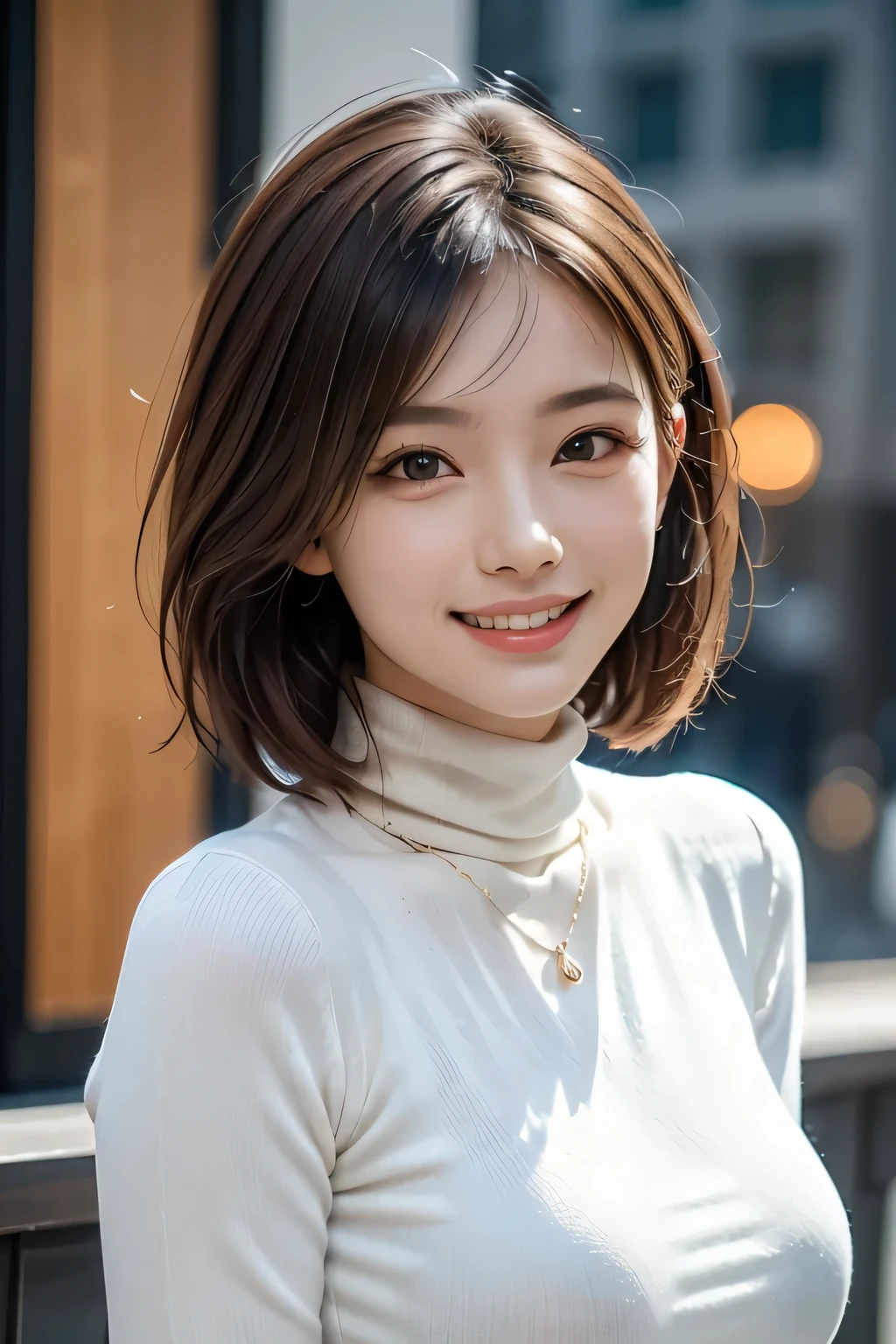 (UHigh resolution, retina, masterpiece, Accurate, Anatomically correct, Textured skin, Very detailed, Attention to detail, high quality, 最high quality, High resolution, 1080P, High resolution, 4K, 8k, 16K), (1 female), (美しいAttention to detail目, Beautiful lip detail, Very detailed目と顔), grin, Studio Lighting, Physically Based Rendering, Vibrant colors, (Large Breasts, Glamorous Body), (Turtleneck sweater), (Portraiture, Bobcut, Shiny Hair, Glowing Skin, blush), (Bokeh:1.5), Eye Reflexes,