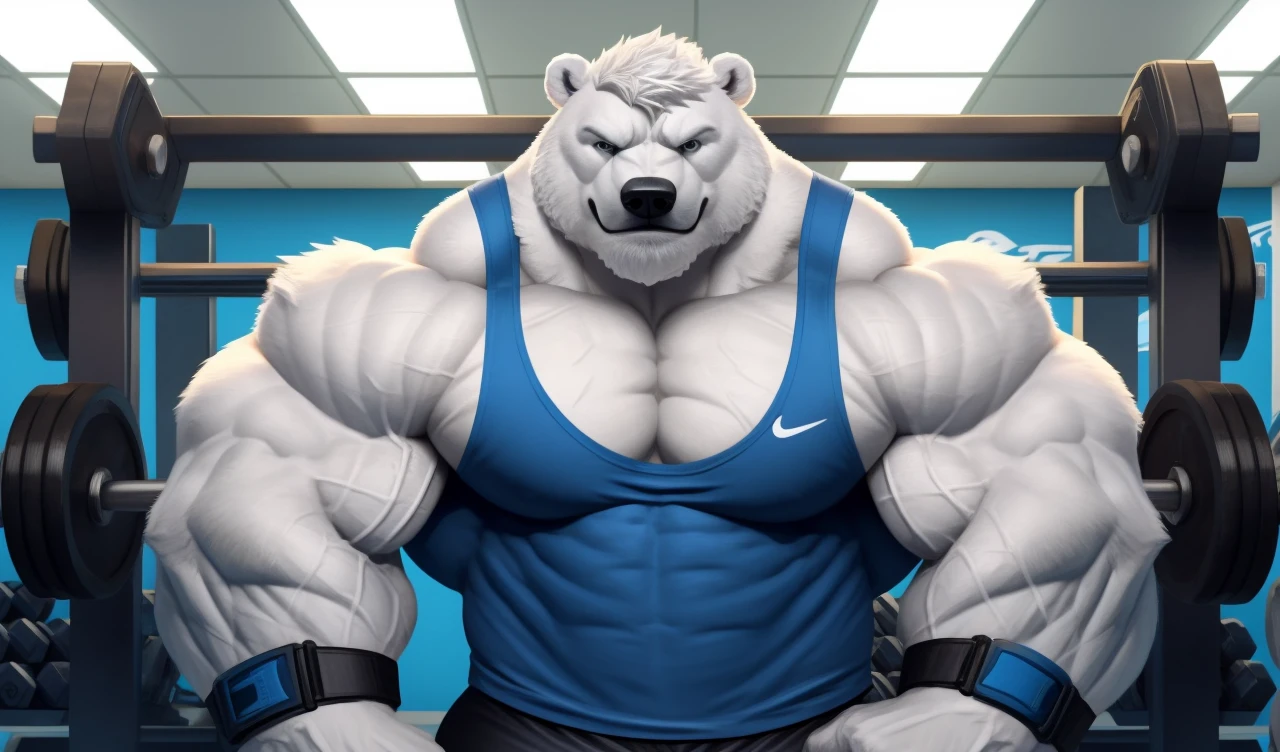 Brock Ólafsson The Huge Muscled Polar Bear, with White Hair, Blue Tank Top, Black Wristbands and Black Gym Shorts, Flexing His Thorax.