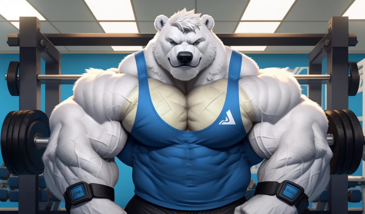 Brock Ólafsson The Huge Muscled Polar Bear, with White Hair, Blue Tank Top, Black Wristbands and Black Gym Shorts, Flexing His Thorax.