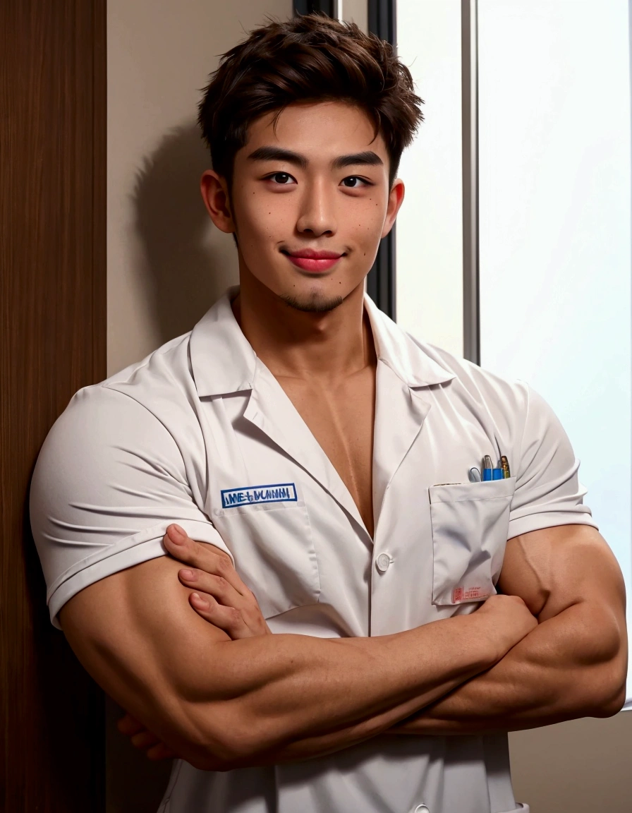 Medium shot,Medicine student,Cross your arms over your chest, cool , masculine,big muscle, 22 year old,tan skin,(messy brown hair),soft facial hair,handsome , in university ,confidence,smirk,Cheeky face, sticking out tongue