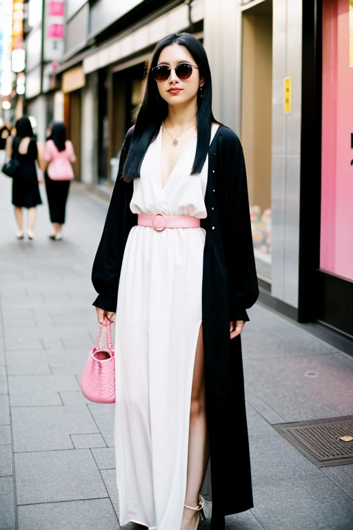 Woman white skin very long straight black hair ,   with pink Mexican dress sunglasses in Tokyo