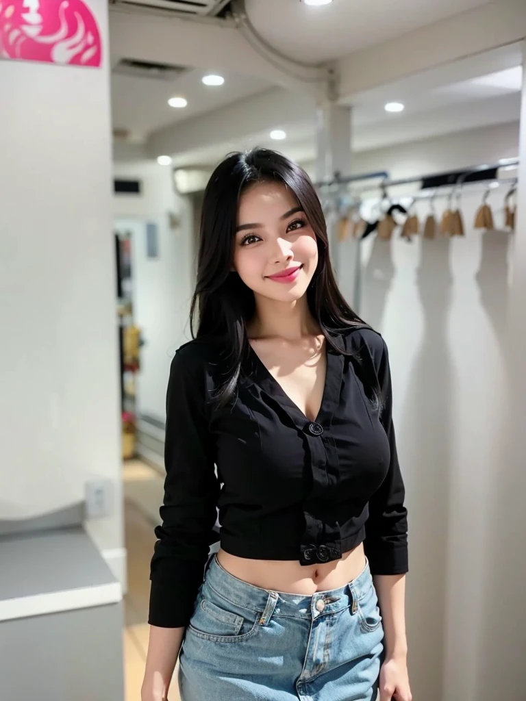(1girl), sexy woman, slim body, smile, eyeliner, flat stomach, light skin, (Indonesian girl), long black hair, ((big breast)), ((big ass)), perfect face, (masterpiece), high quality, realistic, symmetrical, facial details, color grading, dynamic, lighting, seductive pose, 4K,