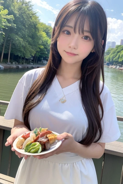 Produce the highest quality and highest resolution 8K images。Please draw the upper body of a 20 year old Japanese woman.。Please draw a picture of people enjoying a barbecue on the riverbank.。She has brown eyes and a model-like figure、She has an idol-level cute face.。The hair is wavy。Clothes、I'm wearing a short-sleeved shirt。The skin is、It is a natural skin color。she、Looking at you with a smile。