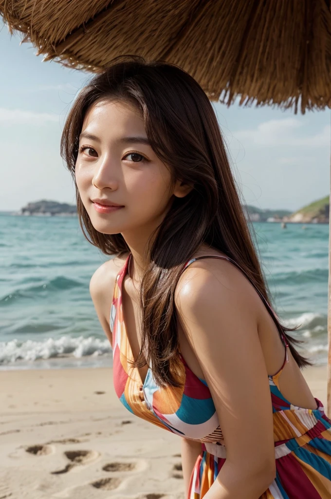 One girl, Long Hair, Gaze, smile, chest, Black Hair, Ocean