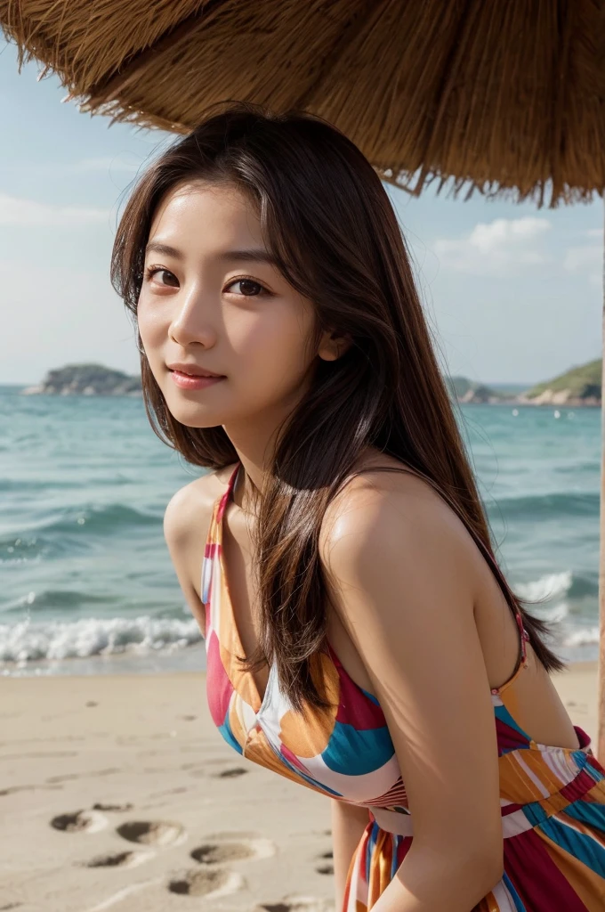 One girl, Long Hair, Gaze, smile, chest, Black Hair, Ocean
