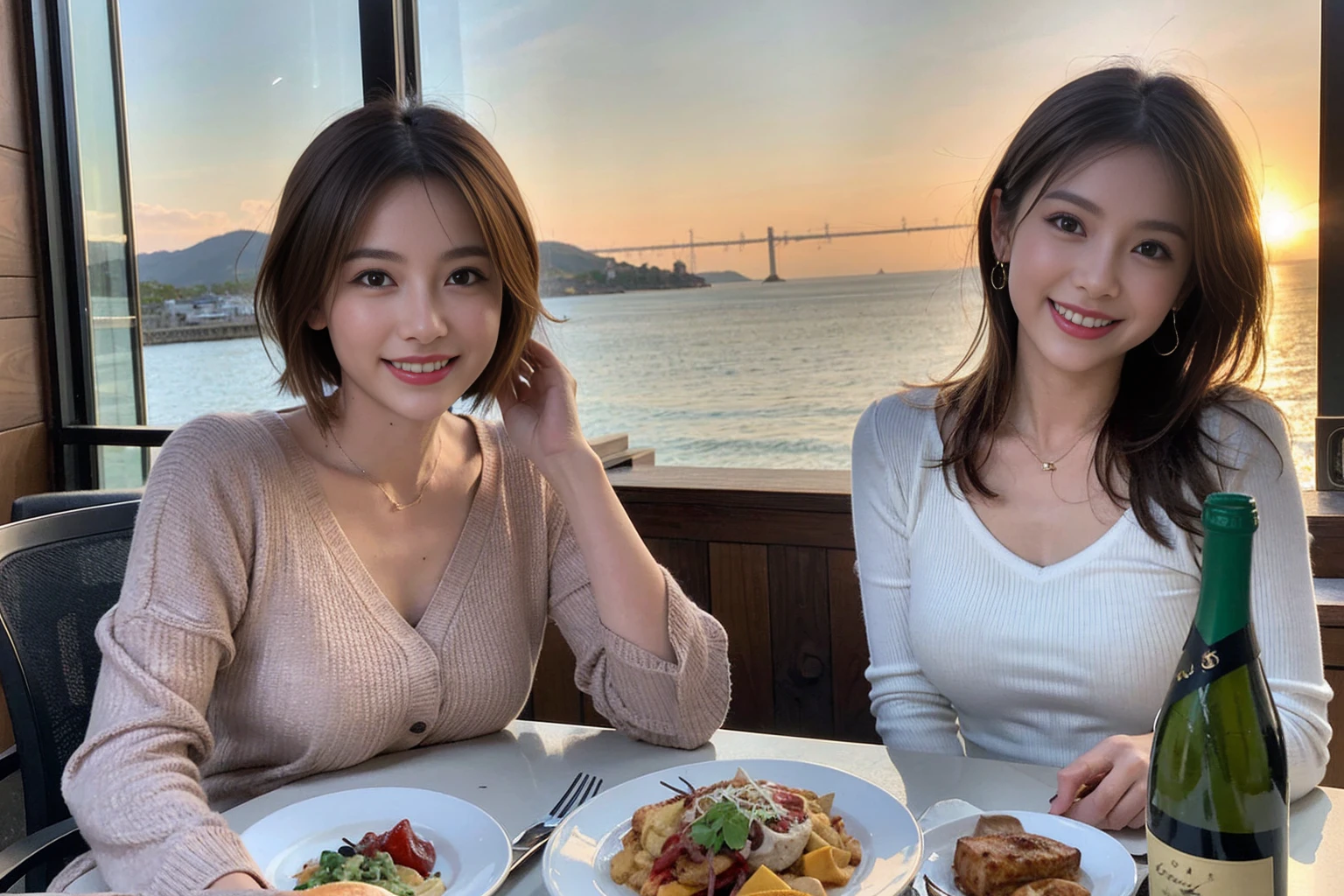 (Realistic:1.1),(masterpiece,Highest quality),8k,(45 years old), 42 years old, slimカップル、Model Couple、actress/actor、Tight waist,Upper Body,full-course dinner、wine 、Amazing view of the sunset sky and clouds、Perfect Anatomy, Brown Hair, short hair,Random Hairstyles,((Highly detailed face and eyes:1.2))(cute顔:1.4),美しいactressの顔,Perfect golden ratio face,Long sleeve shirt、dress,(smile:1.2)、Shortcuts、cute、(Realistic, Intricate details:1.2), A bright smile、short hair,Bright Face、赤wine 、Appetizers、Italian food、wine bottle、Champagne、スパークリングwine、(slimな顔), (The body is slim), (Brown Hair), (Shortcuts), Upper Body, 白wine, slim, wineグラス,