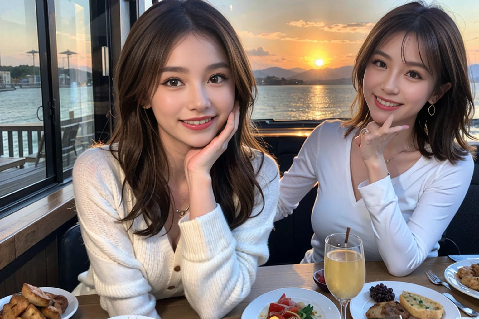 （Realistic:1.1）,(masterpiece,Highest quality)，8k,(45 years old), 42 years old, slimカップル、Model Couple、actress/actor、Tight waist,Upper Body,full-course dinner、wine 、Amazing view of the sunset sky and clouds、Perfect Anatomy, Brown Hair, short hair,Random Hairstyles,((Highly detailed face and eyes:1.2))(cute顔:1.4)，美しいactressの顔，Perfect golden ratio face，Long sleeve shirt、dress,(smile:1.2)、Shortcuts、cute、(Realistic, Intricate details:1.2), A bright smile、short hair,Bright Face、赤wine 、Appetizers、Italian food、wine bottle、Champagne、スパークリングwine、(slimな顔), (The body is slim), (Brown Hair), (Shortcuts),  Upper Body, 白wine, slim, wineグラス, 