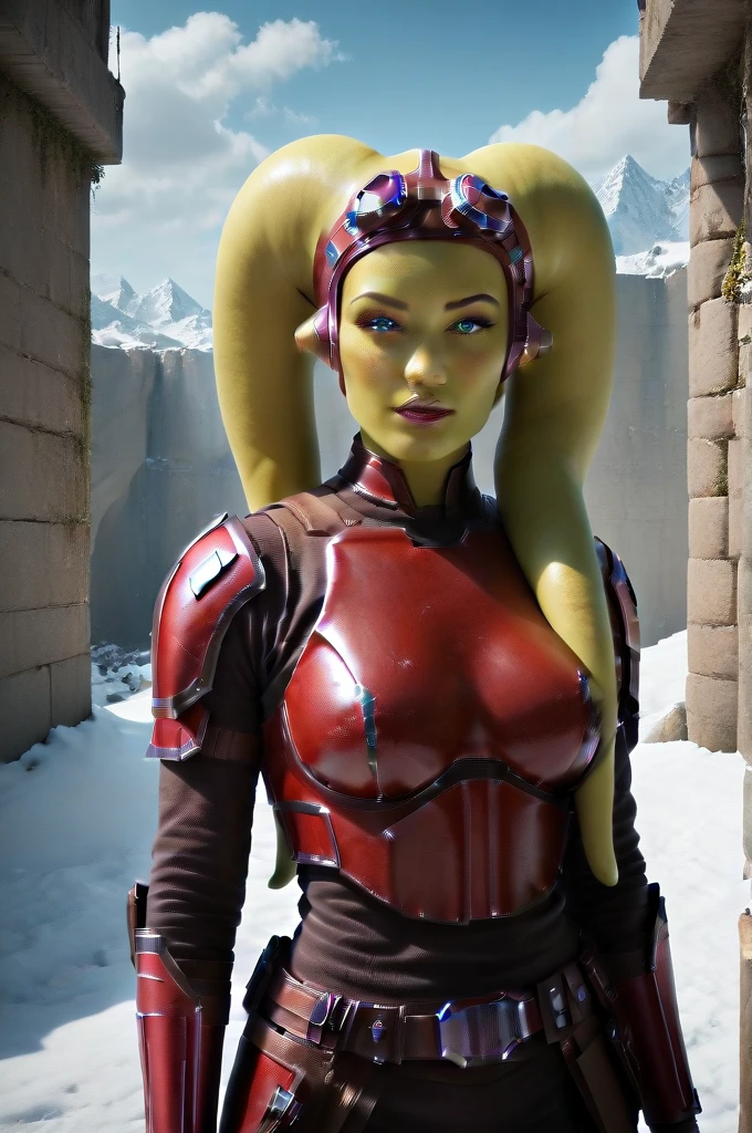 a ((fall body)) (((hera syndulla))) ((green skin )) ((female twi'lek ))mandalorian,walking on snow coverd ruins , ((green fire eyes )) , beautiful detailed eyes, beautiful detailed lips, extremely detailed face, long eyelashes, mandalorian armor, sci-fi, cinematic lighting, dramatic, epic, intricate details, hyper-realistic, 8k, high-quality, photorealistic
