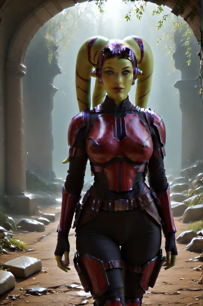 a ((fall body)) (((hera syndulla))) ((green skin )) ((female twi'lek ))mandalorian,walking on snow coverd ruins , ((green fire eyes )) , beautiful detailed eyes, beautiful detailed lips, extremely detailed face, long eyelashes, mandalorian armor, sci-fi, cinematic lighting, dramatic, epic, intricate details, hyper-realistic, 8k, high-quality, photorealistic
