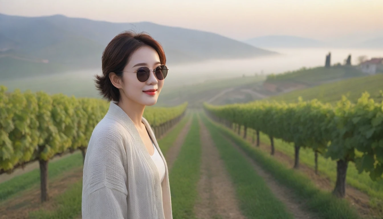 8k realistic, lifelike photo,, 36 year old Korean woman, Short in stature, pretty like a model. white shirt and short cardigan, casual pants, short medium hair, smiling, Italy. spring, vineyard, thick dawn fog. vineyard 지나 짙은 안개 속으로 저 멀리 성당이 보인다. Full body shot from afar with a wide angle lens , 1 woman, Short in stature, superb picture quality, The morning fog is getting thicker, The picture quality is alive... Full body shot with Canon 16-35 wide angle lens, Put on your horn-rimmed sunglasses and look to the side.