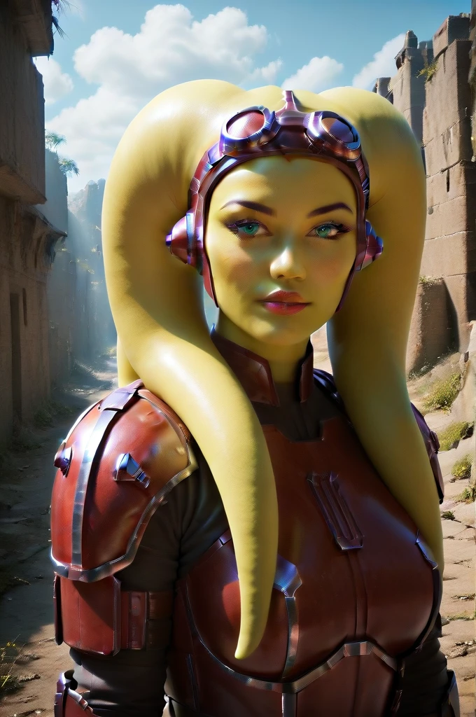 a ((fall body)) (((hera syndulla))) ((green skin )) ((female twi'lek ))mandalorian,walking on snow coverd ruins , ((green fire eyes )) , beautiful detailed eyes, beautiful detailed lips, extremely detailed face, long eyelashes, mandalorian armor, sci-fi, cinematic lighting, dramatic, epic, intricate details, hyper-realistic, 8k, high-quality, photorealistic