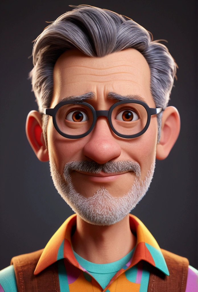 Cartoon character of a man in a colorful shirt , being about 48 years old and having gray hair , animation character, stylized character, animation style rendering, 3d stylized, Arnold Maya rendering, Stylized 3D rendering, toon render screenshot, 3d character, 3d character, Stylized 3D rendering, 3D character rendering, cartoon character, Personagem de close up, character posing,  (Pixar-style) (master part:1.2) (bokeh) (best qualityer) (skin detailed) (detailed texture) (8k) (Argilla) (cinematic lighting) (sharp focus