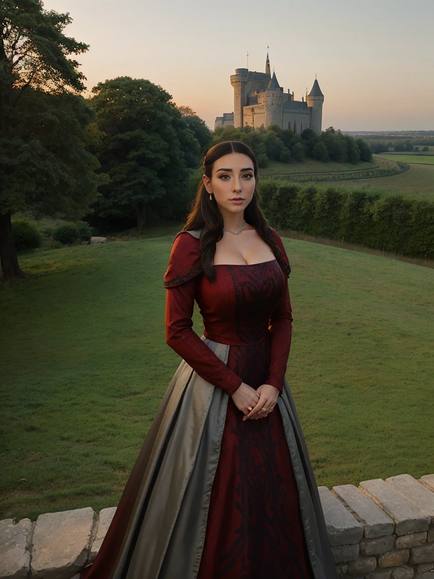 Gorgeous and sultry busty athletic (thin) brunette queen with sharp facial features wearing a modest updo, dark red medieval dress, long sleeves, intricate patterns, scrollwork, wide neck, crown, veil, long dress, modest dress, tight bodice, (silver waist chain), medieval jewelry, Middle Ages, castle, rampart, wall, exterior, on top of a castle wall, trees, countryside, evening, sunset.