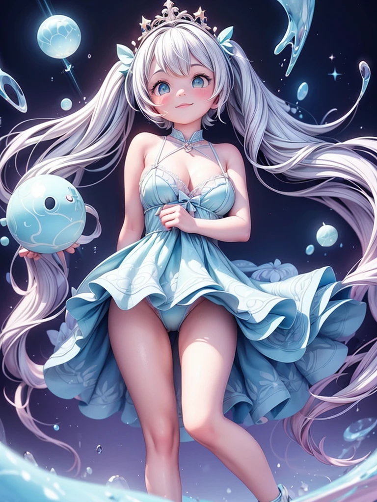 (masterpiece、Highest quality、Official Art、beautiful:1.2、8k resolution)、(One Girl:1.3)、hatsune miku、Twin tails,、F cup breasts,Chuutiful Girl, White ball gown, Vibrant pastel colors, (colorful), long flowing liquid pink hair, Magic lights, sparkling magic liquid, inspired Glen Keane, inspired By Lois Van Baarle, Disney Art Style, By Lois Van Baarle, An aura that glows around her, Glen Keane, Shining halo、Digital Painting, Flowing shiny hair, Shiny, Flowing Hair, beautifulデジタルイラスト, Fantasy Background, Whimsical Fantasy Background, Detailed patterned lingerie, Highly detailed lingerie, Emphasize cleavage、Sharp focrkling eyes, Liquid watercolor background、Chubby body type、Thick thighs、Large Breasts、Big Ass、Big Ass、We shiny silveiara、