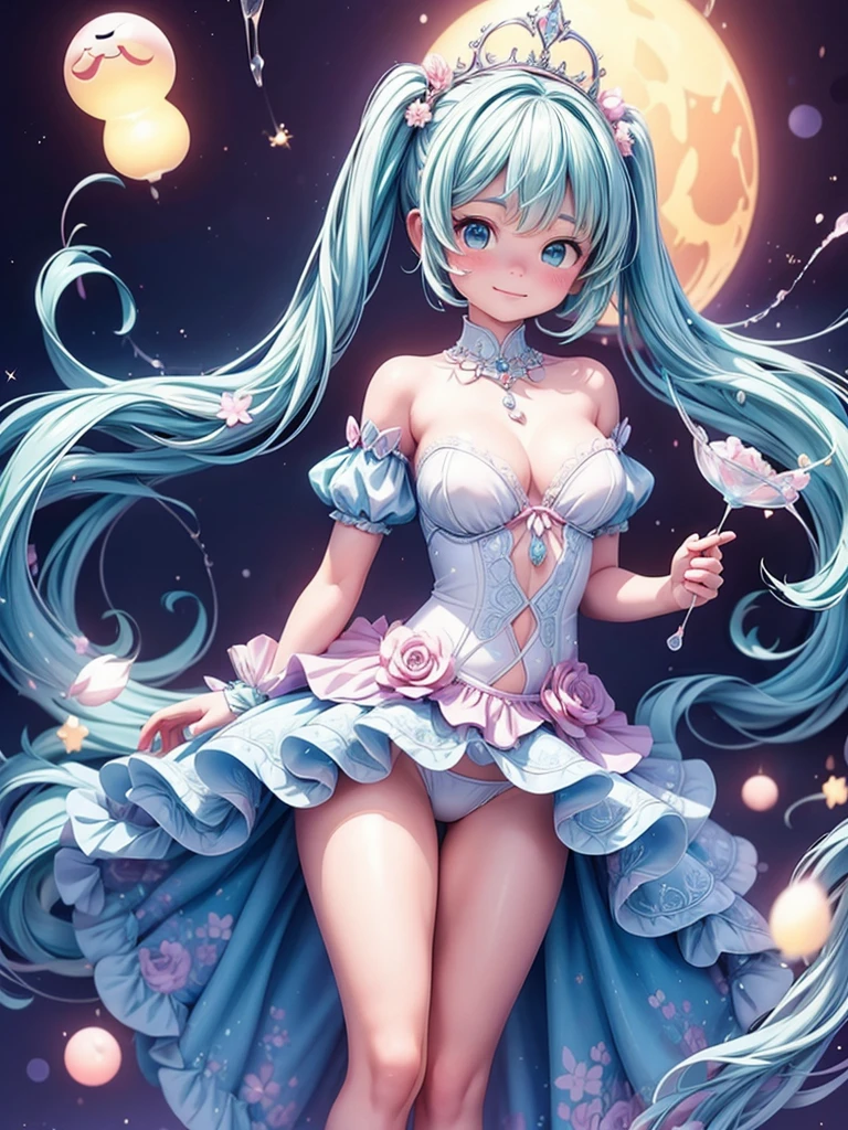(masterpiece、Highest quality、Official Art、beautiful:1.2、8k resolution)、(One Girl:1.3)、hatsune miku、Twin tails,Big Breasts、F cup breasts,Chubby Beautiful Girl, White ball gown, Vibrant pastel colors, (colorful), long flowing liquid pink hair, Magic lights, sparkling magic liquid, inspired Glen Keane, inspired By Lois Van Baarle, Disney Art Style, By Lois Van Baarle, An aura that glows around her, Glen Keane, Shining halo、Digital Painting, Flowing shiny hair, Shiny, Flowing Hair, beautifulデジタルイラスト, Fantasy Background, Whimsical Fantasy Background, Detailed patterned lingerie, Highly detailed lingerie, Emphasize cleavage、Sharp focus, Sparkling eyes, Liquid watercolor background、Chubby body type、Thick thighs、Large Breasts、Big Ass、Big Ass、Wearing a shiny silver tiara、