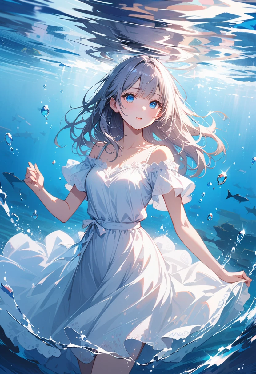 (Very detailedなCG、Unity、8k wallpaper)、(Very delicate and beautiful)、(masterpiece)、(Highest quality:1.0)、(超High resolution:1.0)、Beautiful lighting、Perfect Lightning、Realistic Shadows、[High resolution]、Detailed skin、Very detailed、Detailed face and eyes、Realistic eyes、blue eyes、Floats on water、Gray Hair、drifting、A girl in a white dress floating in the deep sea、Life at sea、Shining a light、Underwater Scene、terrible、Flowing water