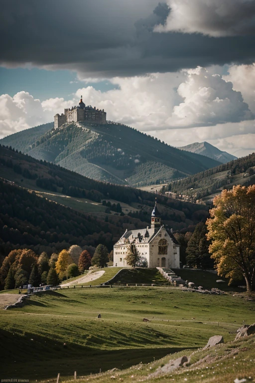 A white castle in the mountains and cloudy weather around and sun shine in warm color