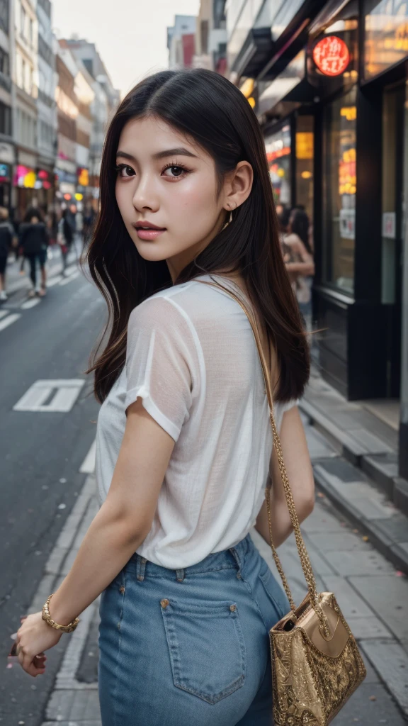 a beautiful young chinese girl walking down a city street, holding a shopping bag, (1girl,beautiful detailed eyes:1.2,beautiful detailed lips,extremely detailed face,long eyelashes),(masterpiece,best quality,ultra-detailed:1.6),realistic,photorealistic,vivid colors,cinematic lighting,dramatic atmosphere,detailed background,urban environment,realistic textures,dynamic pose,serene expression,illustration