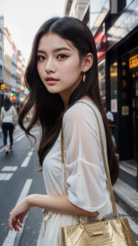 a beautiful young chinese girl walking down a city street, holding a shopping bag, (1girl,beautiful detailed eyes:1.2,beautiful detailed lips,extremely detailed face,long eyelashes),(masterpiece,best quality,ultra-detailed:1.6),realistic,photorealistic,vivid colors,cinematic lighting,dramatic atmosphere,detailed background,urban environment,realistic textures,dynamic pose,serene expression,illustration